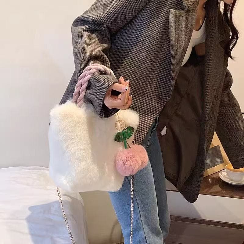 Spring new fashion plush shoulder crossbody bag Korean girl small shoulder bag cherry pendant bag internet celebrity versatile bag