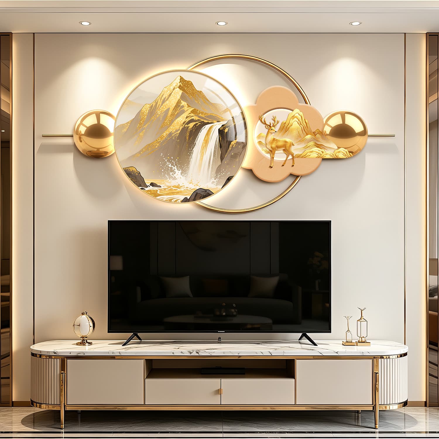 Light luxury living room decorative painting TV background wall hanging painting new Chinese style LED light painting flowing water making money wall mural