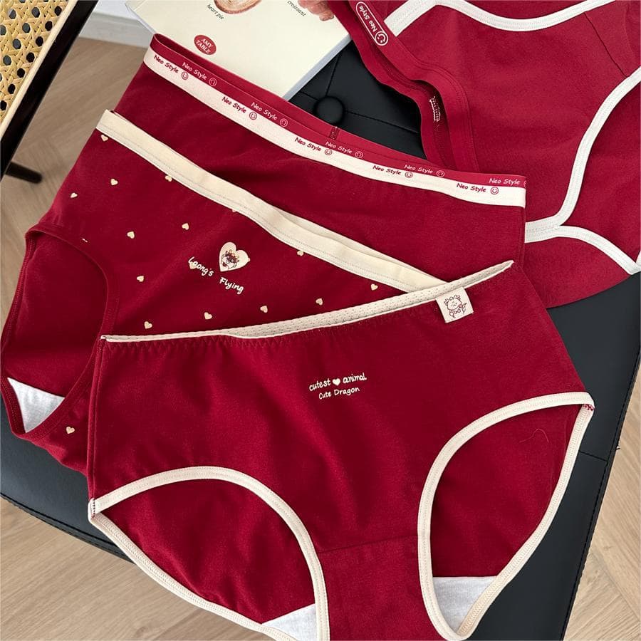 NHP Heavyweight Women's Cotton Underwear for Zodiac Year, Couple Matching Available, 5A Antibacterial Gusset, Wine Red Cherry Red Mid-Rise Panties