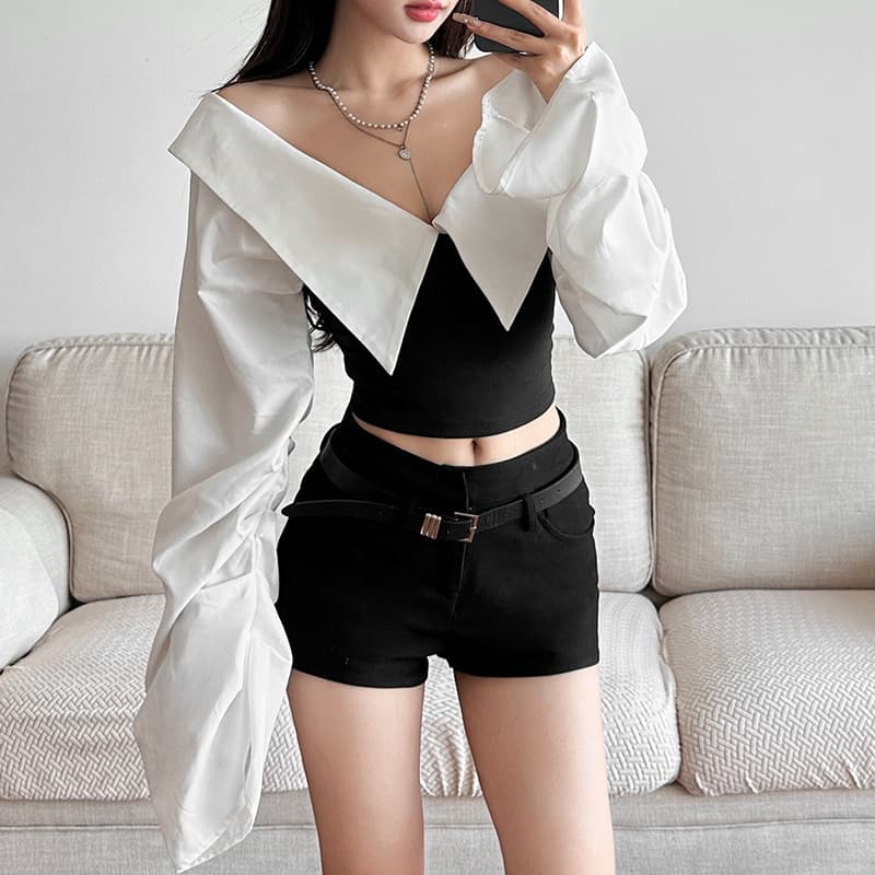Cross-border 2024 European and American Style Autumn New Women's Solid Color Fitted Crop Top Street Fashion V-Neck Long Sleeve Blouse