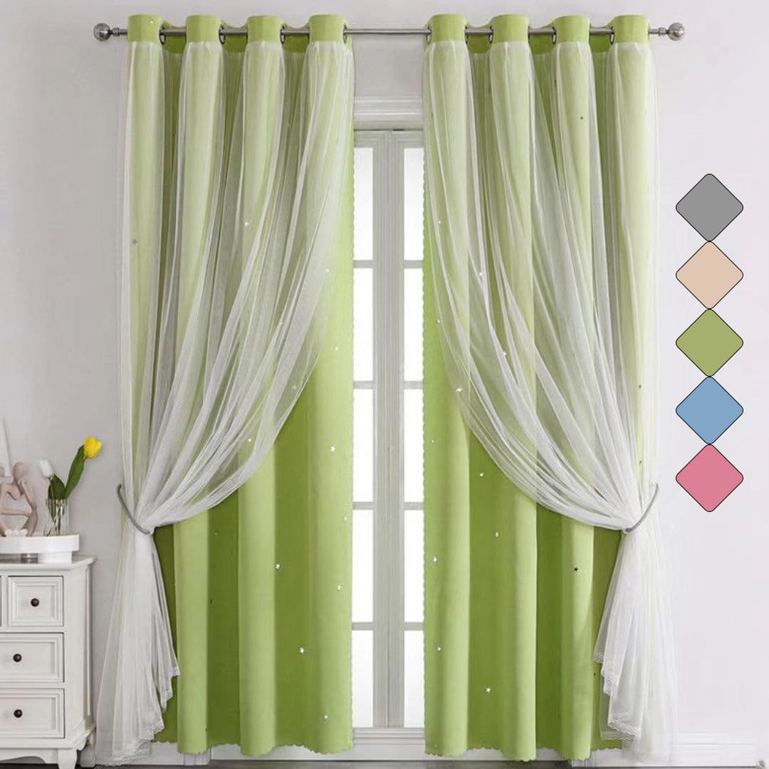 Strictly Selected Amazon Lace Sheer Double-Layer Blackout Curtains French Ins Hollow Star Ready-Made Curtains