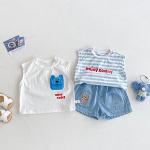 Kids Striped Vest 2026 New Summer Boys Fashion Print T-Shirt Girls Embroidered Bear Denim Shorts