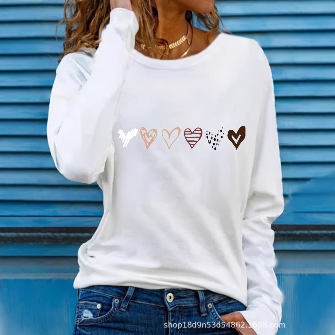 Overseas Stock Printed Long Sleeve T-Shirt Women's Autumn Winter Cross-Border New Fashion Casual Round Neck Long Sleeve Top