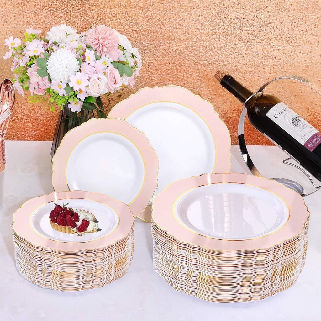Disposable PS hard plastic plate hot stamping edge pink lace plate red hot stamping edge plate set hot stamping edge plate cross-border