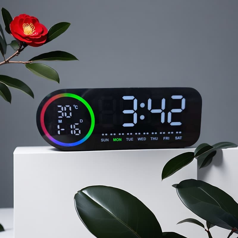 Factory Direct Multi-color LED Alarm Clock with Five Brightness Levels, Voice Control, Touch, Week, Date, and Temperature