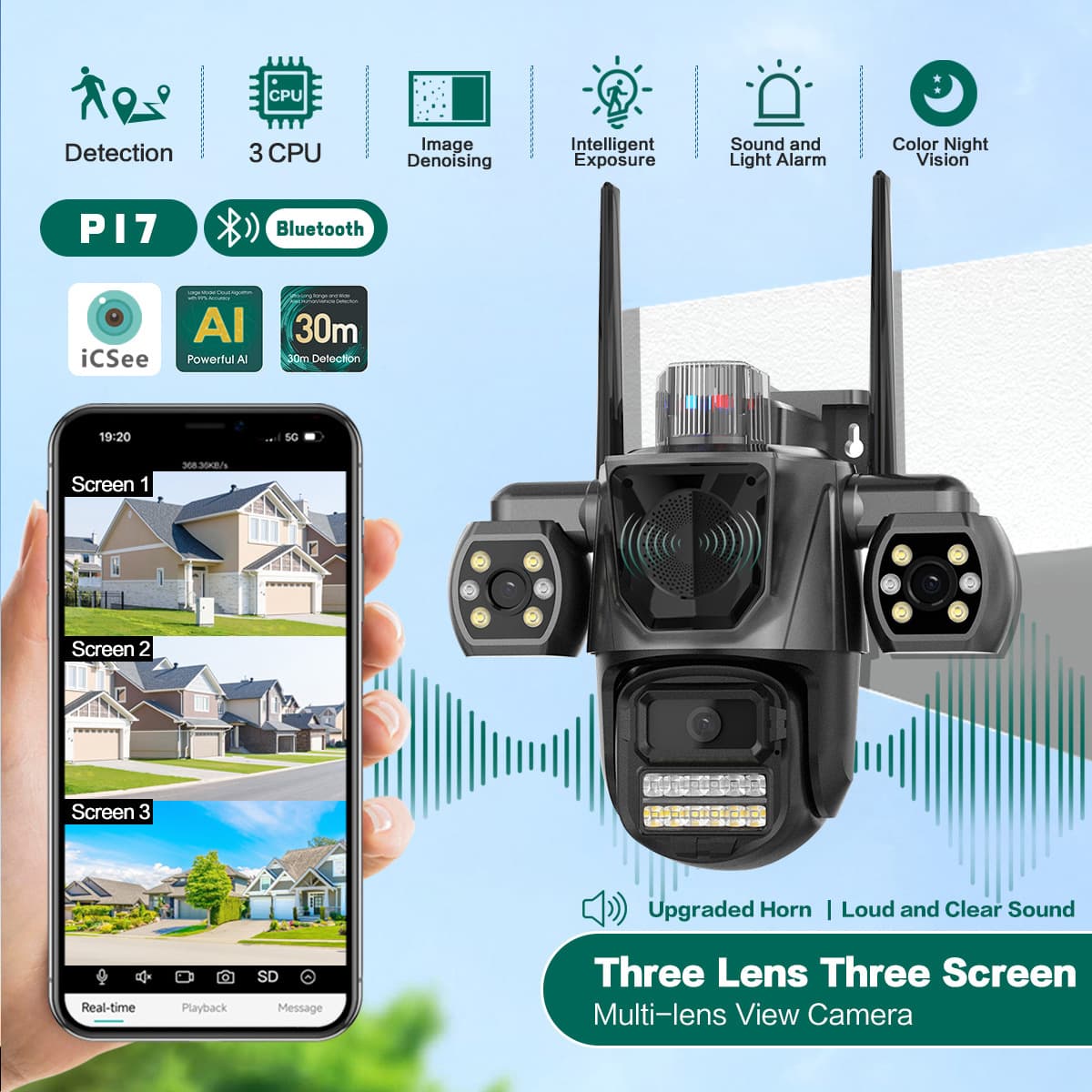 ICSEE Cross-border Surveillance Camera, Night Vision Outdoor 360 Wireless WiFi Camera, Three Monitor Screen