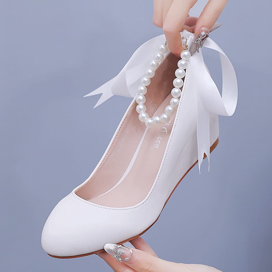 5cm White Beaded Thick Platform Heel Sandals Mary Jane Shallow Mouth Flats Ribbon Slimming Wedding Dress High Heel Shoes