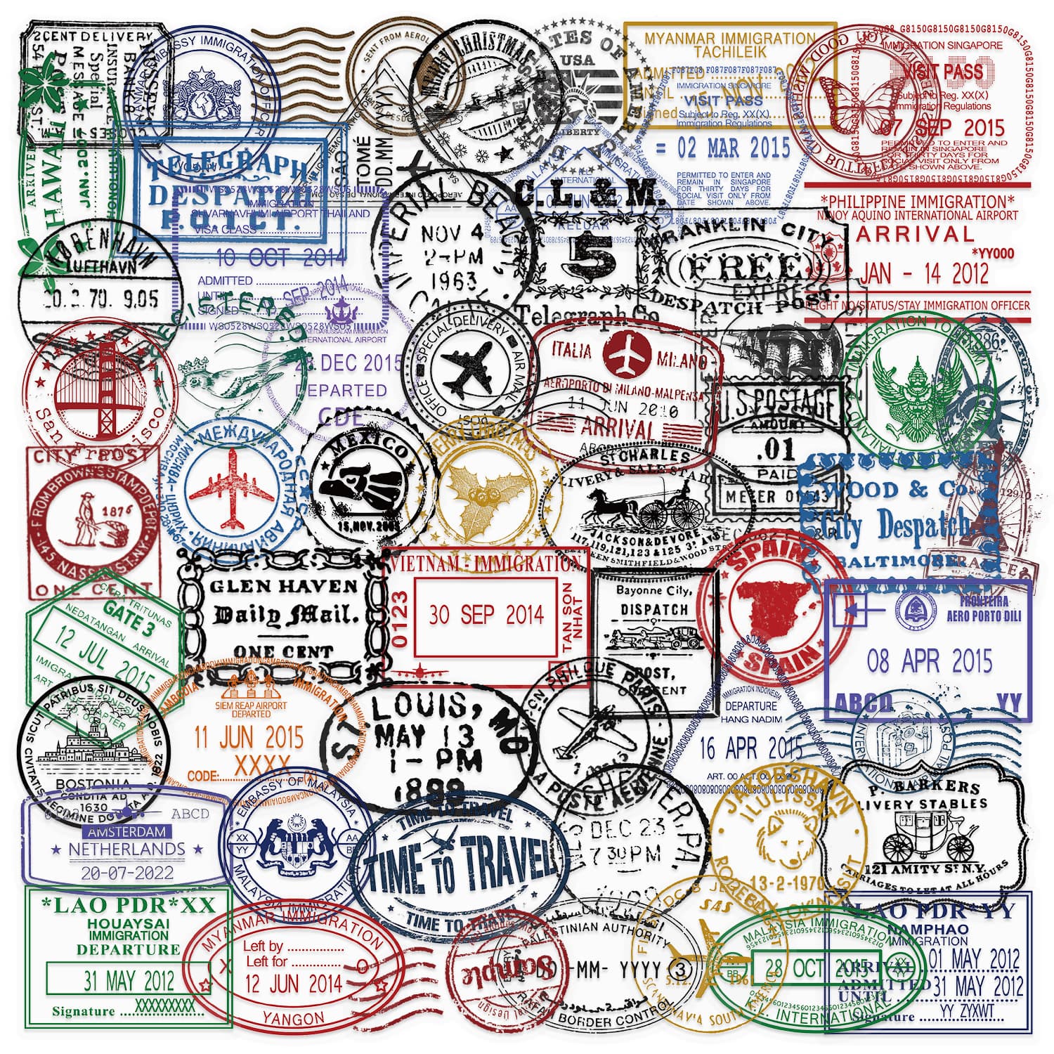 60 Sheets Transparent Vintage Postmark Sticker Pack Waterproof Clear PET Stickers for Journal Decoration Guitar Notebook Wholesale