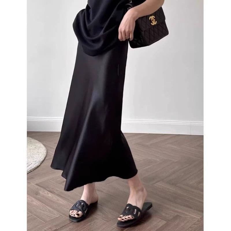 Smooth Imported Triacetate Satin Straight A-Line Midi Skirt Summer Breathable Fishtail Half Skirt Plus Size Long Skirt