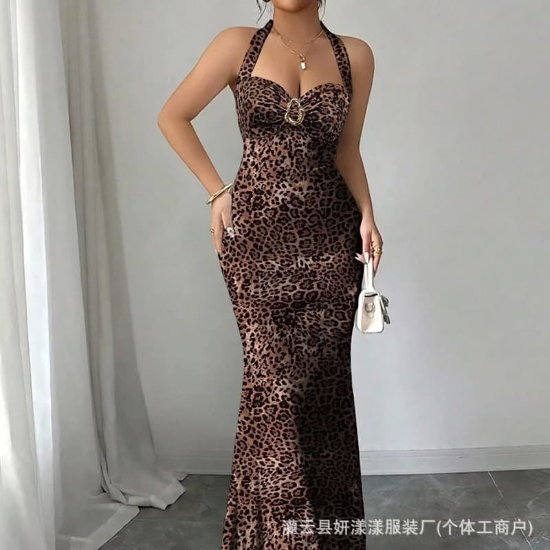 Sexy Leopard Print Camisole Off-Shoulder Draped Neck Mermaid Dress High-End Elegant Evening Gown Sexy Dress
