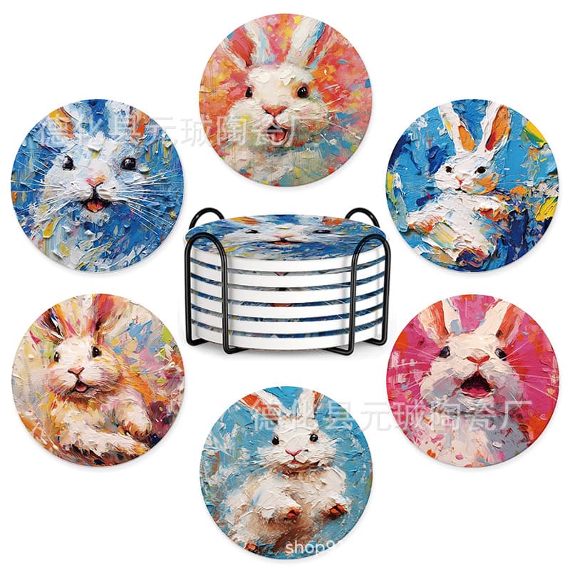 Cross-border Amazon Watercolor White Rabbit Ceramic Coaster Home Decoration Non-slip Absorbent Placemat for Coffee and Drink Cups