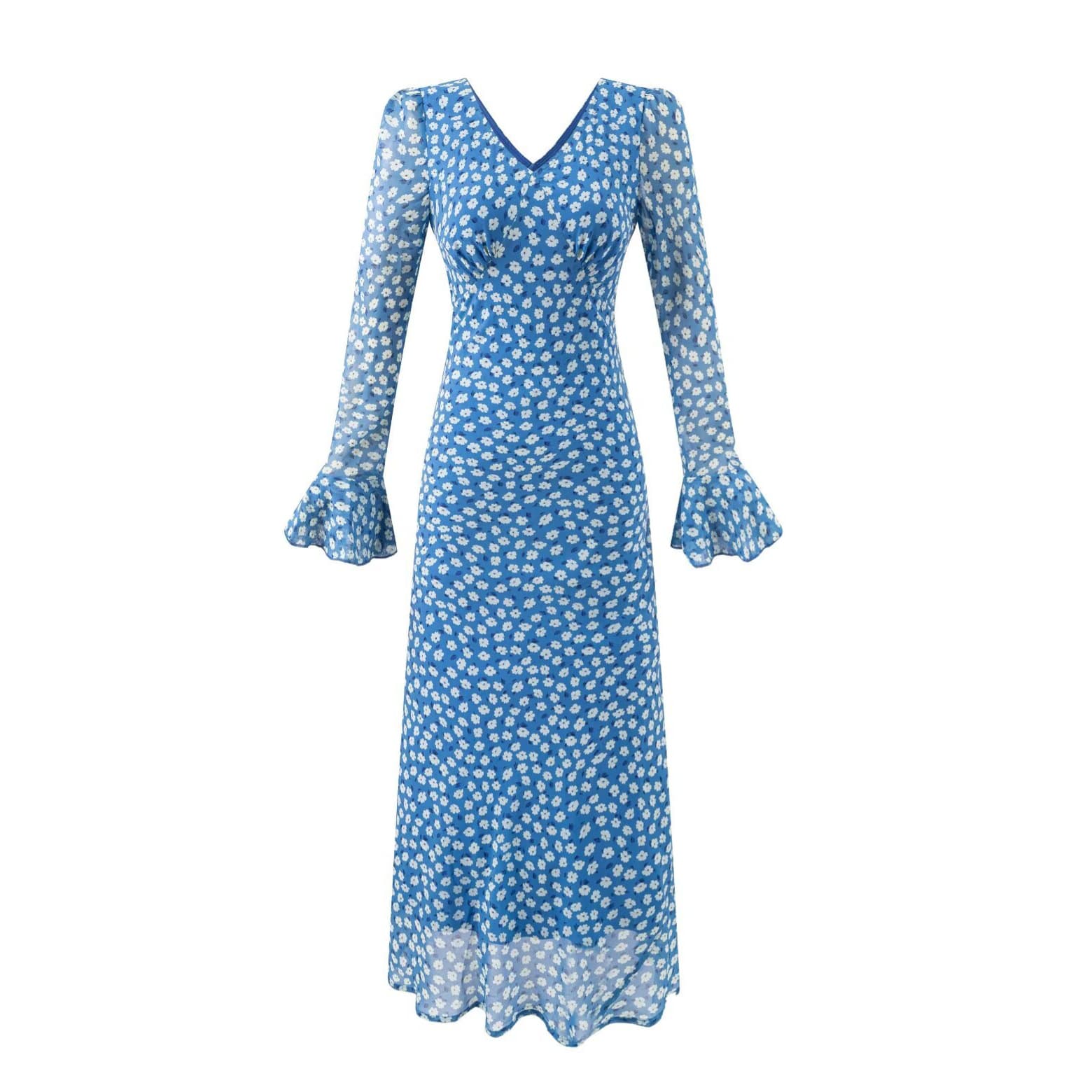 French gentle blue long-sleeved floral v-neck dress Women's summer vacation slim-fitting high-end lotus leaf sleeve temperament long dress