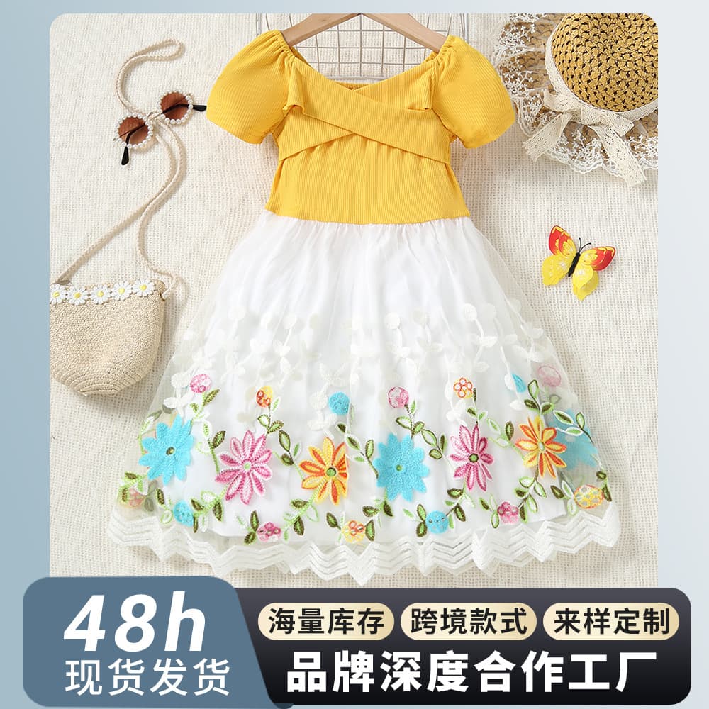 Embroidered Princess Dress for Girls New Spring Summer Children's Clothing Strapless Floral Design Soft Polyester Fabric