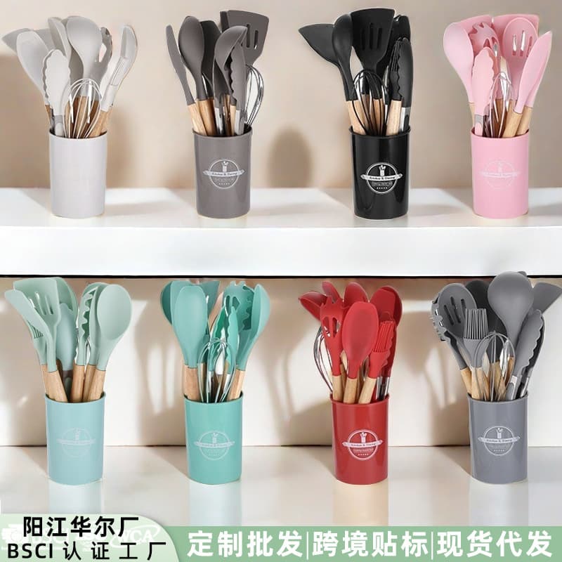 750g In Stock Silicone Kitchen Utensils 12-Piece Set with Wooden Handles, Non-Stick Spatula Cooking Tools Kitchen Set