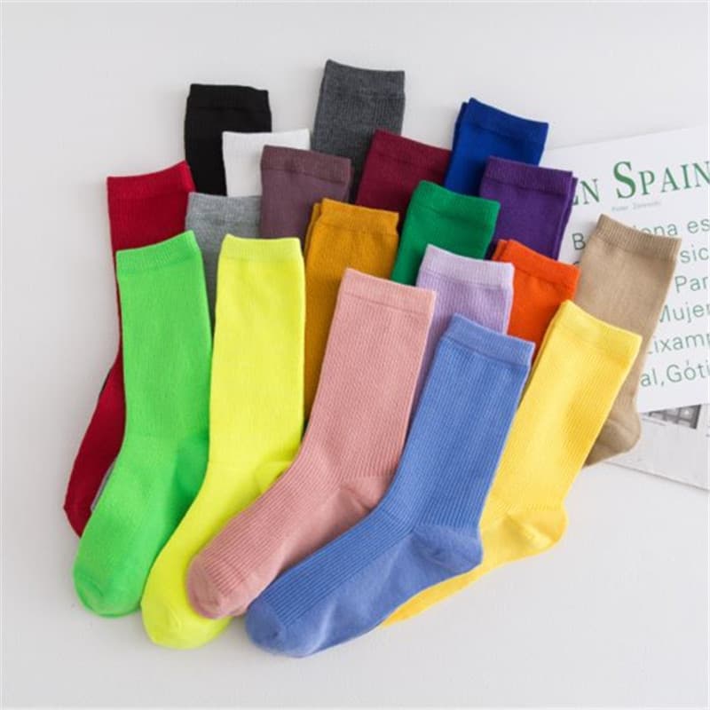 Solid Color Stripe Stacked Socks Women Fall/Winter Japanese Simple Candy Color Mid-Crew Socks Breathable Sweat-Absorbent Warm Women's Socks Wholesale