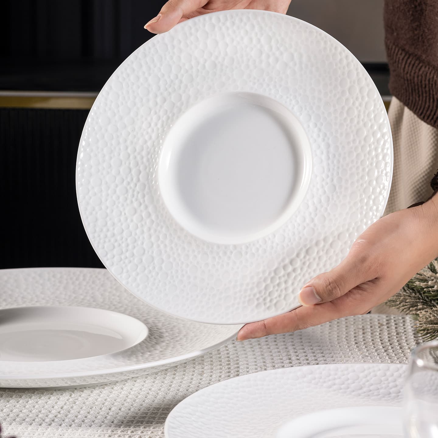 Jingdezhen High-Temperature White Porcelain Starry Concentric Plate Commercial French-Style Specialty Tableware Flat Plate Large Display Dish