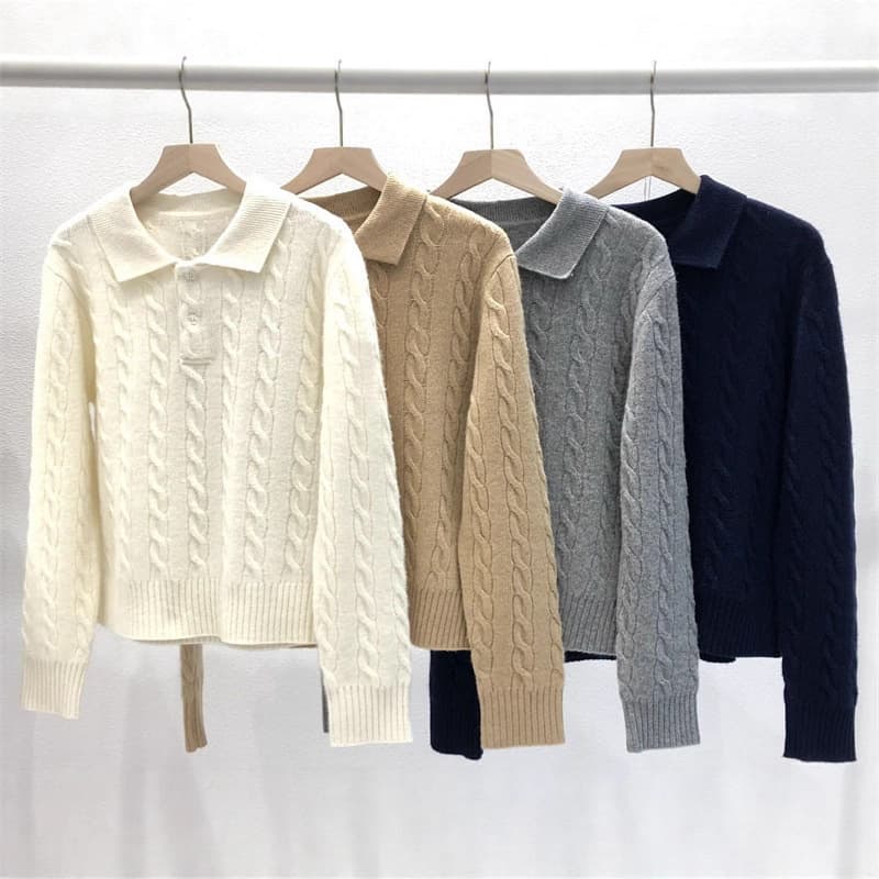 Ruff knitted cashmere wool polo shirt women's autumn and winter loose layering inner layer American pony embroidered sweater