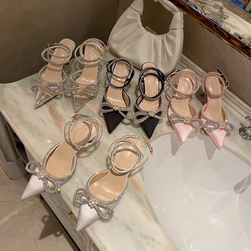 Heels Sandals 2026 Spring Women's Rhinestone Bow Shoes Wholesale Thin Heel Closed Toe French Style Stunning Sandals