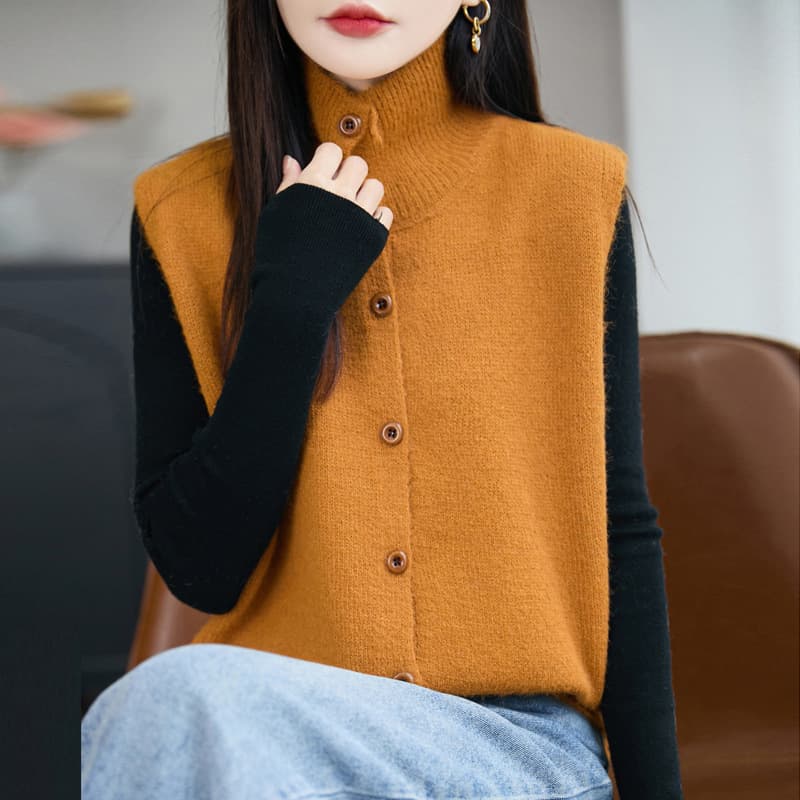 Korean-style high-neck knitted vest cardigan for women, autumn/winter sleeveless sweater vest, loose layering cape, knitted vest for women