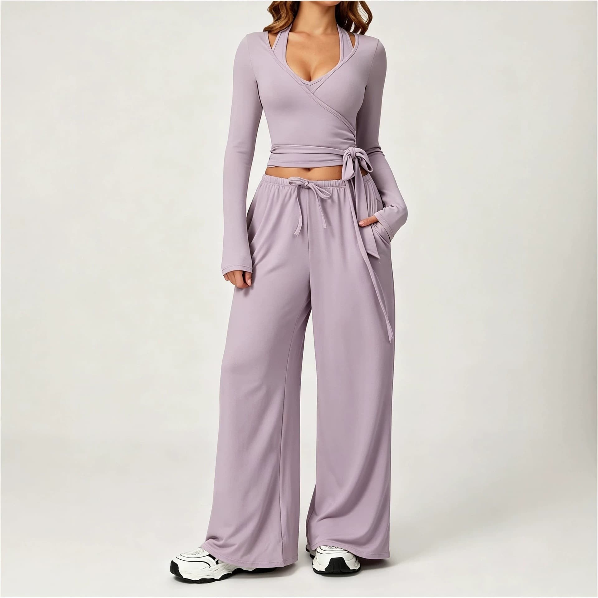 Amazon European and American new women's three-piece athleisure suit with adjustable V-neck halter top and wide-leg pants