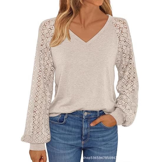 2024 Amazon Fall European and American Women's Long Sleeve V-Neck Lace Top Business Fashion Blouse