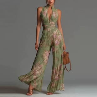 New European-American Style Cross-Border 2026 Fashion Pleated White Women's Long Wide-Leg Pants Sexy Pleated Halter Neck Jumpsuit