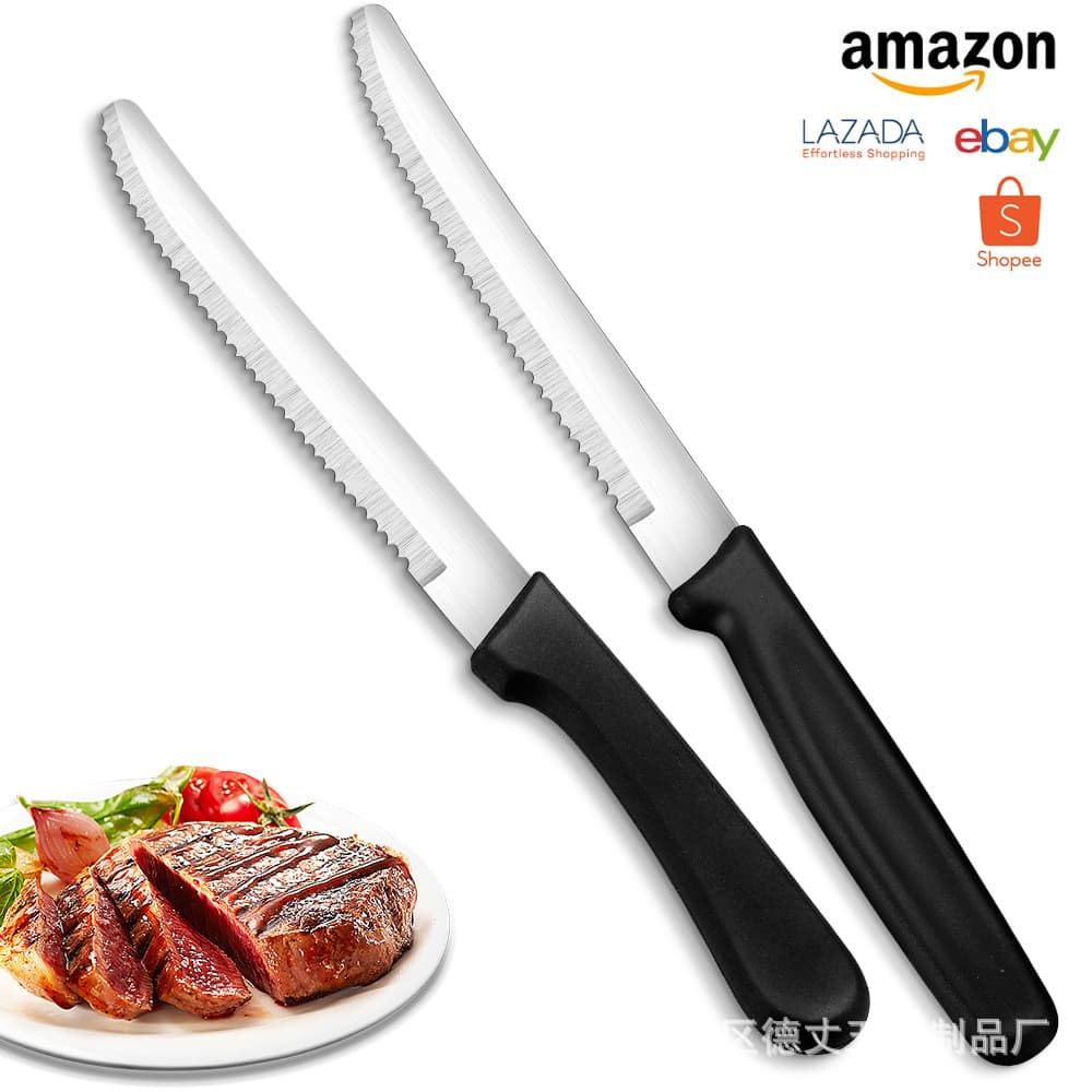 Cross-border round tip steak knife, black handle steak knife, household and restaurant fine serrated knife, wholesale steak cutlery