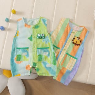 Summer Short Romper Cute Style Pullover Collarless Half-front Open Wide Shoulder Frog Head Baby Fashionable Summer Clothes Romper