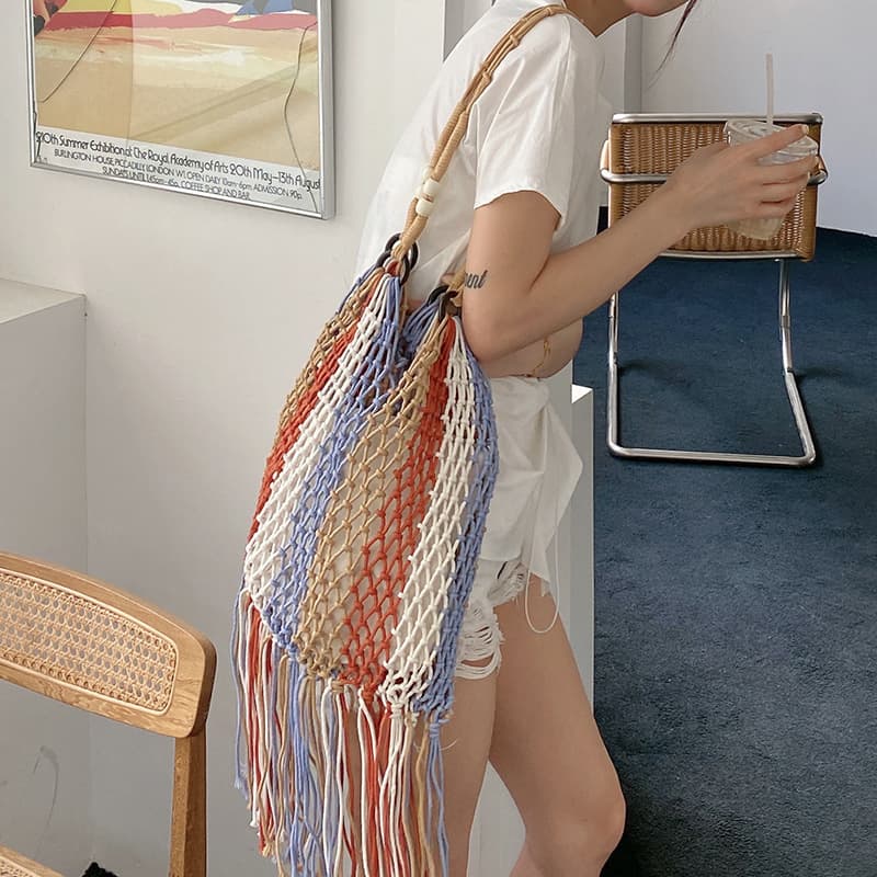 Mizawa/Summer Handwoven Bag, Women's Shoulder Bag, Large Capacity Beach Bag, Vacation Bag, Ethnic Fringe Bag