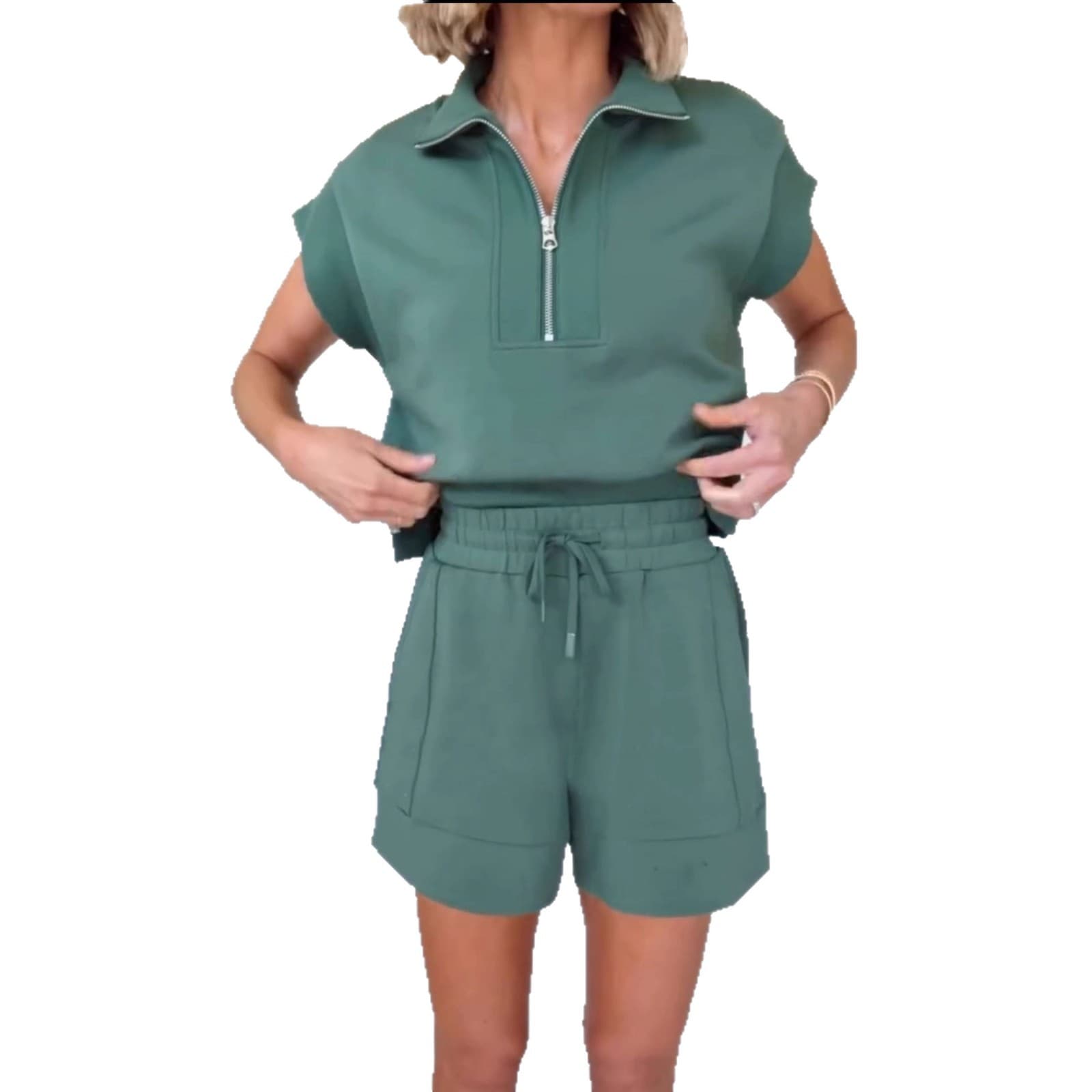 Cross-border 2025 Fall/Winter New Short Sleeve Sweatshirt with Zipper Pocket Set, INS Casual Loose Two-Piece Set for Women