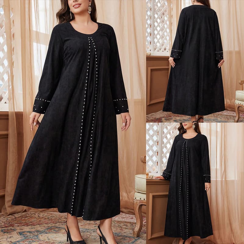 Large size black light luxury deerskin heavy industry pearl beading women's round neck long sleeve belly covering plus size dress long skirt women