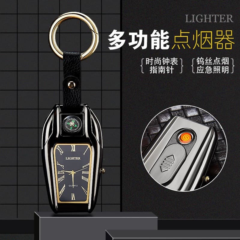 Car keychain watch rechargeable lighter with flashlight windproof USB cigarette lighter personalized lighter pendant wholesale
