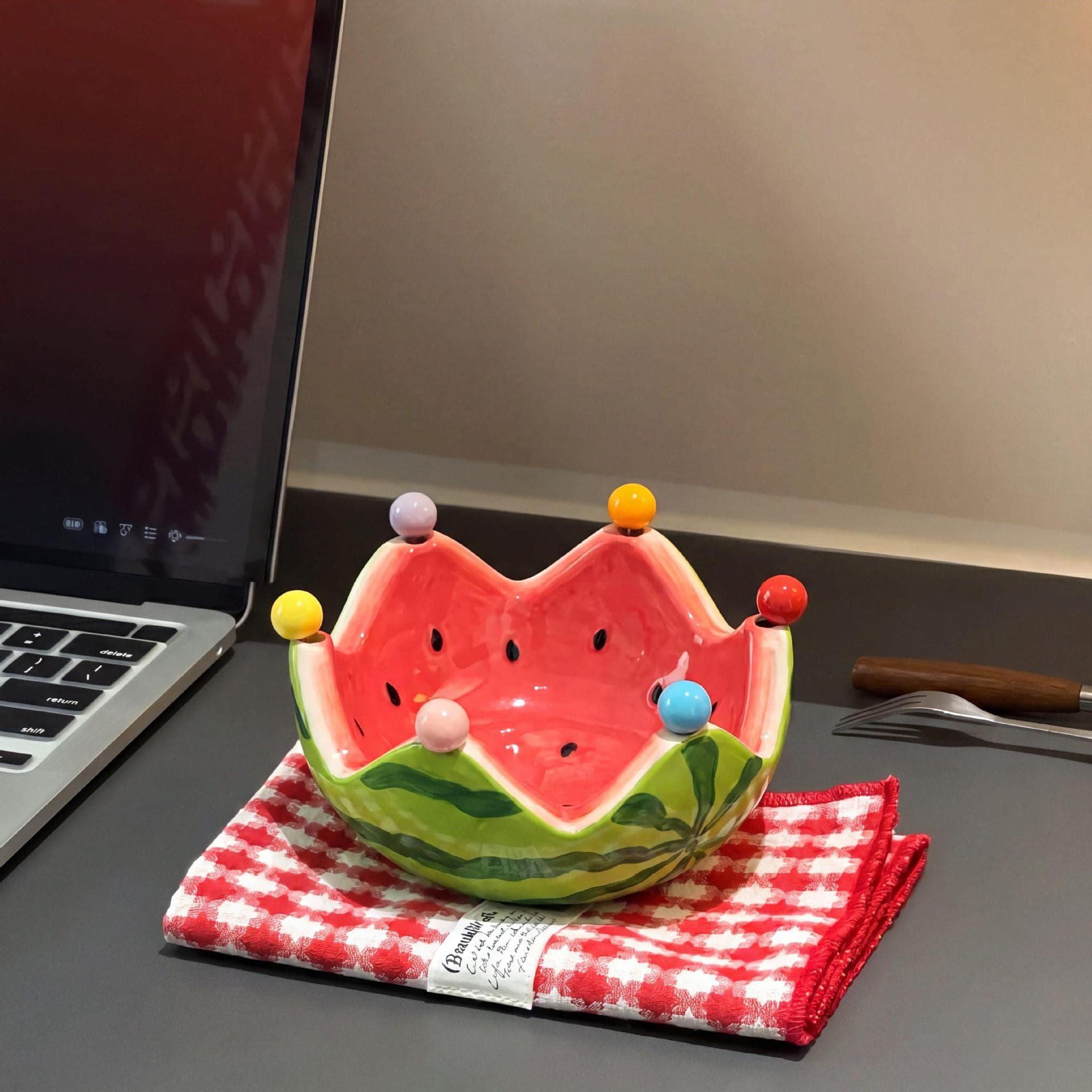 Cute High Appearance Watermelon Fruit Fork Set - Ceramic Fruit Bowl with Stainless Steel Small Forks for Home Living Room Coffee Table