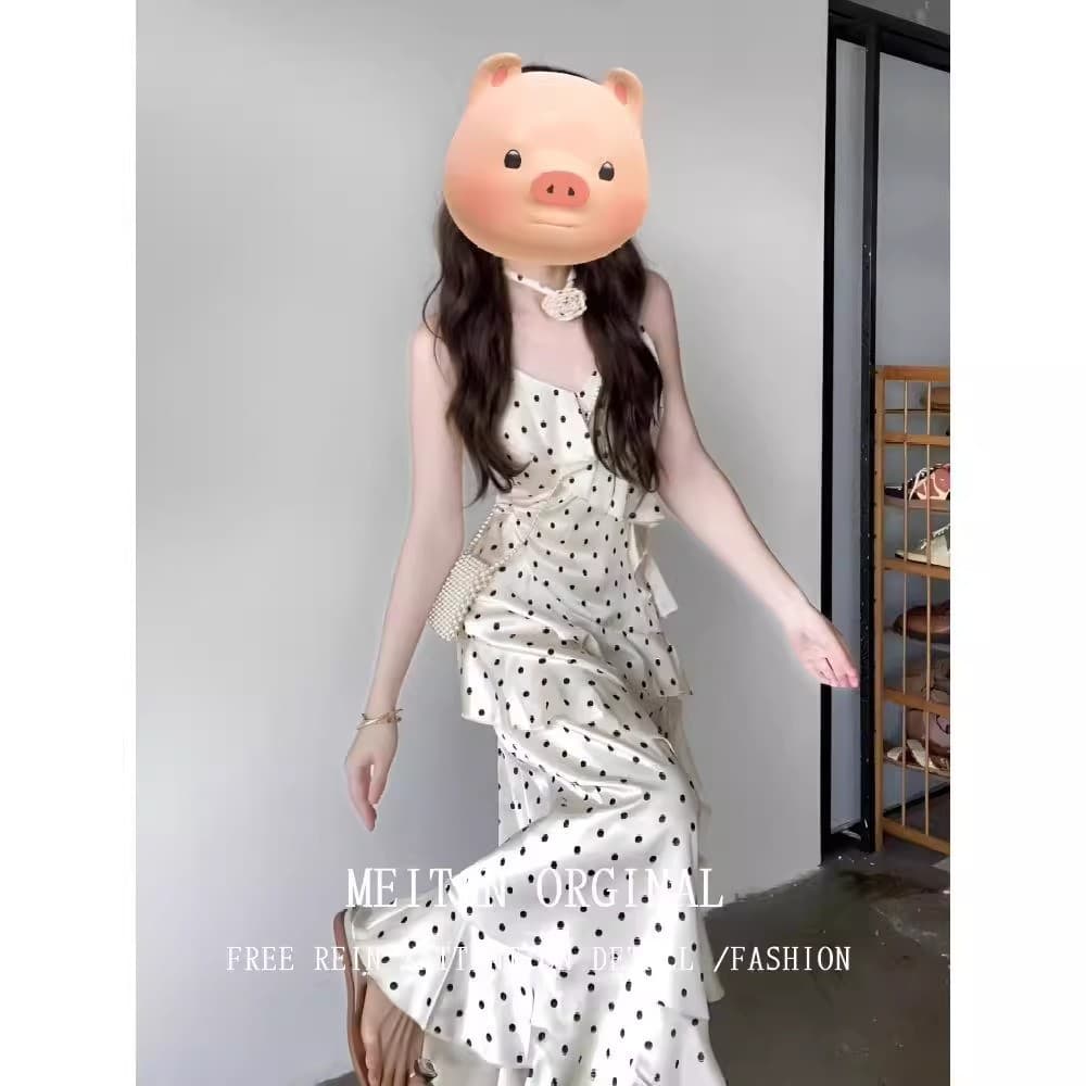 French polka dot suspender dress for women 2025 spring and summer new style waist slimming pure desire ruffled slimming long skirt