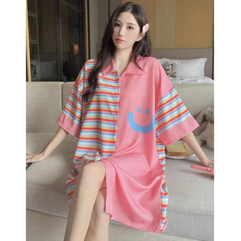 High-End Cool Pajamas, Short-Sleeved Ice Silk Thin Shirt Nightgown, Lazy Boyfriend Style Mid-Length Skirt, Can Be Worn Outside in Summer