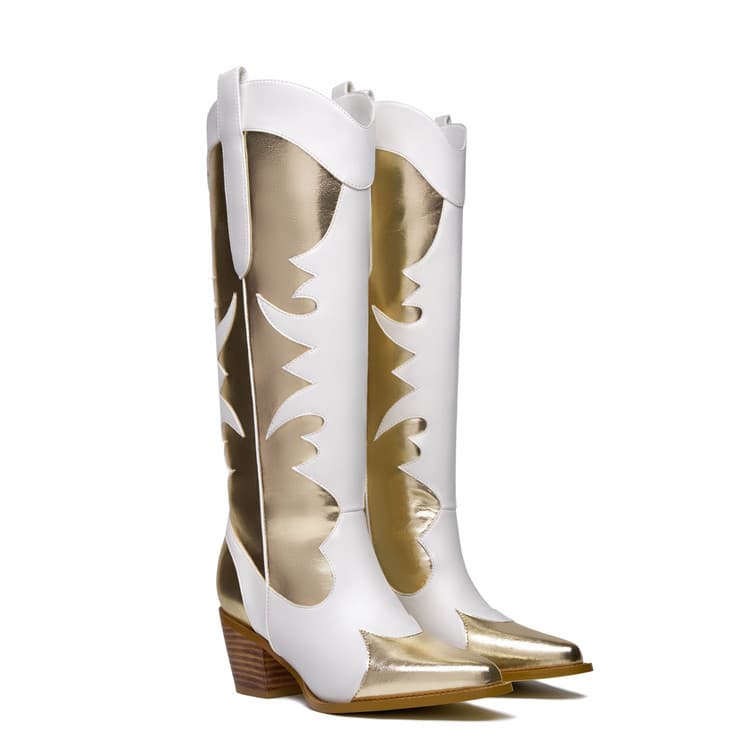 Foreign trade fashion color matching high boots 2026 cross-border pointed toe western cowboy boots retro snakeskin and thick heel fashion boots