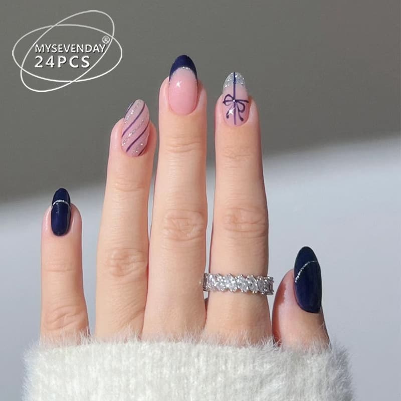 Ins Style Press-On Nails Cross-Border Water Drop Shape Nails Black Mysterious Glitter Stripes Christmas Special Nail Stickers