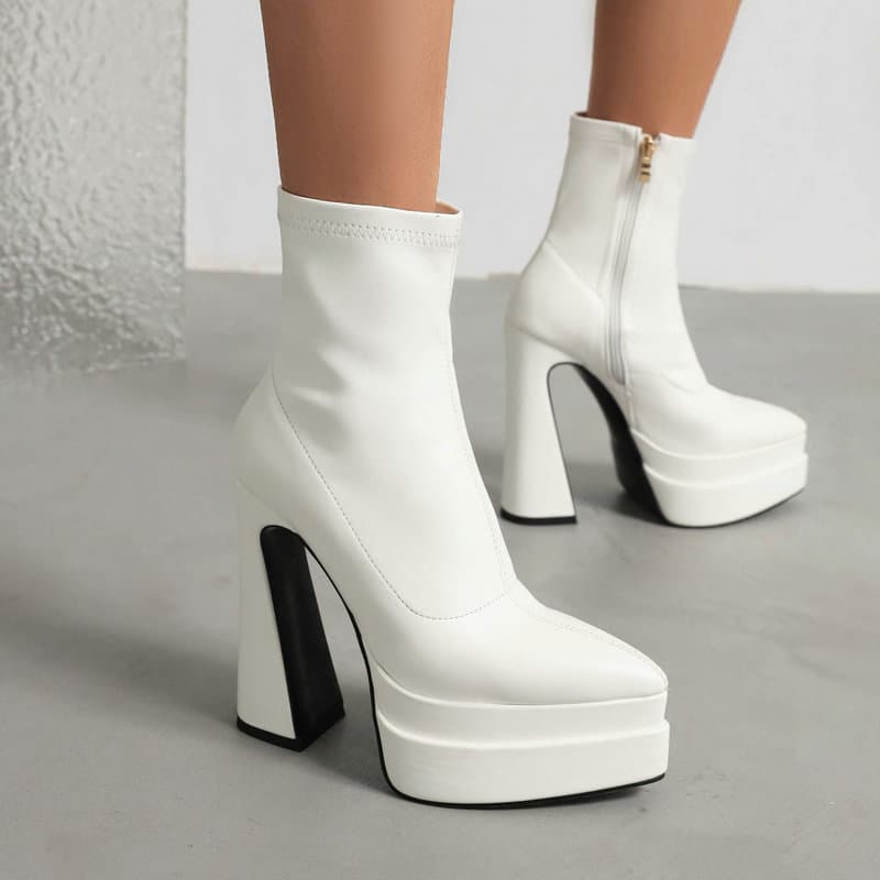 Women's Short Boots 2025 Pointed Toe Chunky Heel Ultra High Heel Platform Stretch Boots Side Zipper Ankle Boots Martin Boots