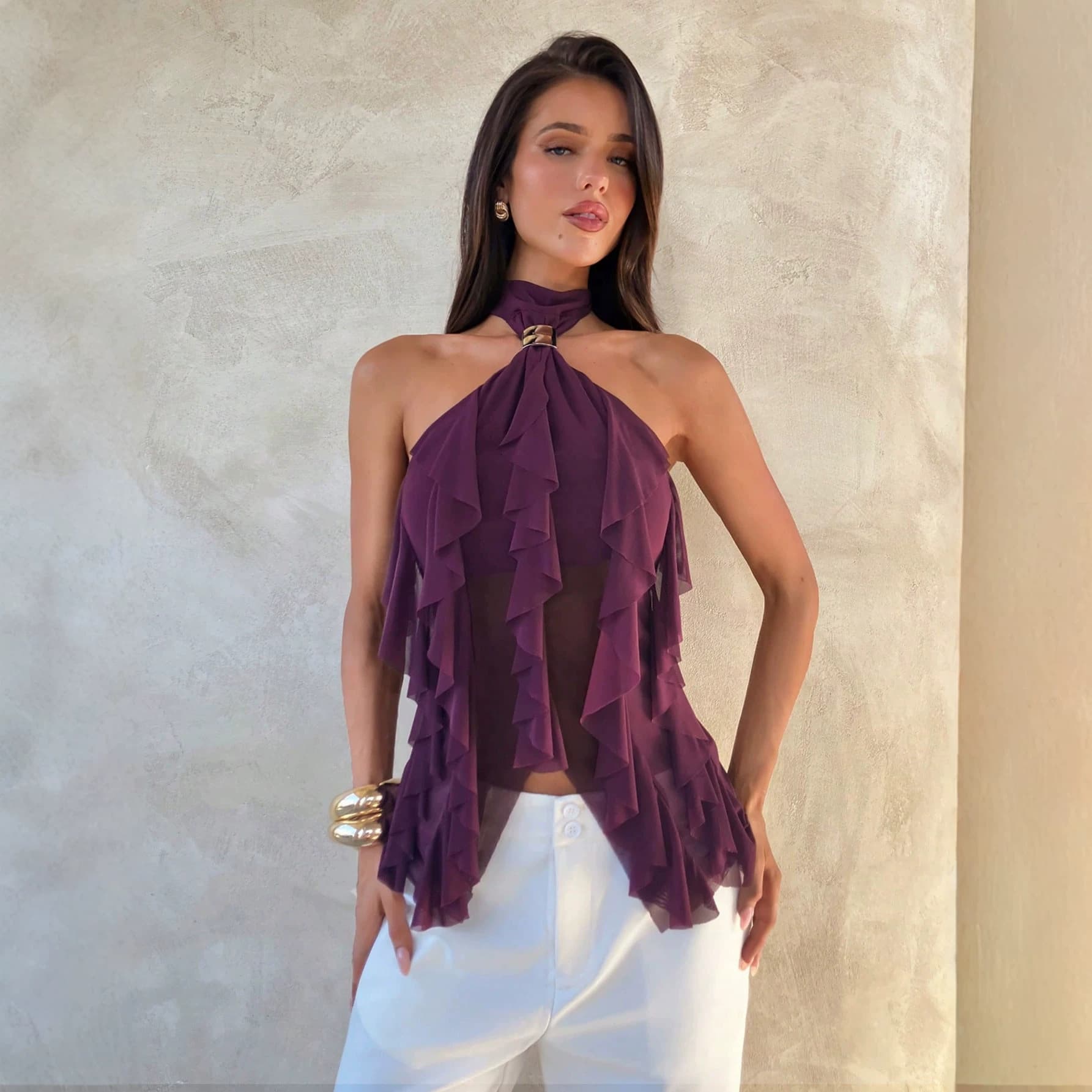 2026 New Purple Halter Neck Mesh Ruffled Sleeveless Off-Shoulder Sheer Sexy Top for Amazon Cross-Border Sales in Europe and America