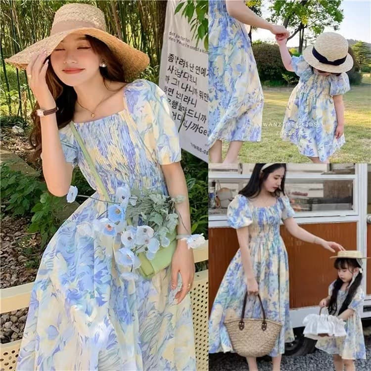 Korean mother-daughter dress, stylish short sleeves, new summer thin cotton printed mid-length slim fit