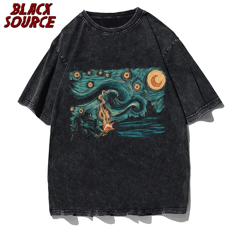 Praise short-sleeved novelty O10 soul plus size soul sun top starry sky collar T-shirt T-shirt men's pure cotton T-shirt black