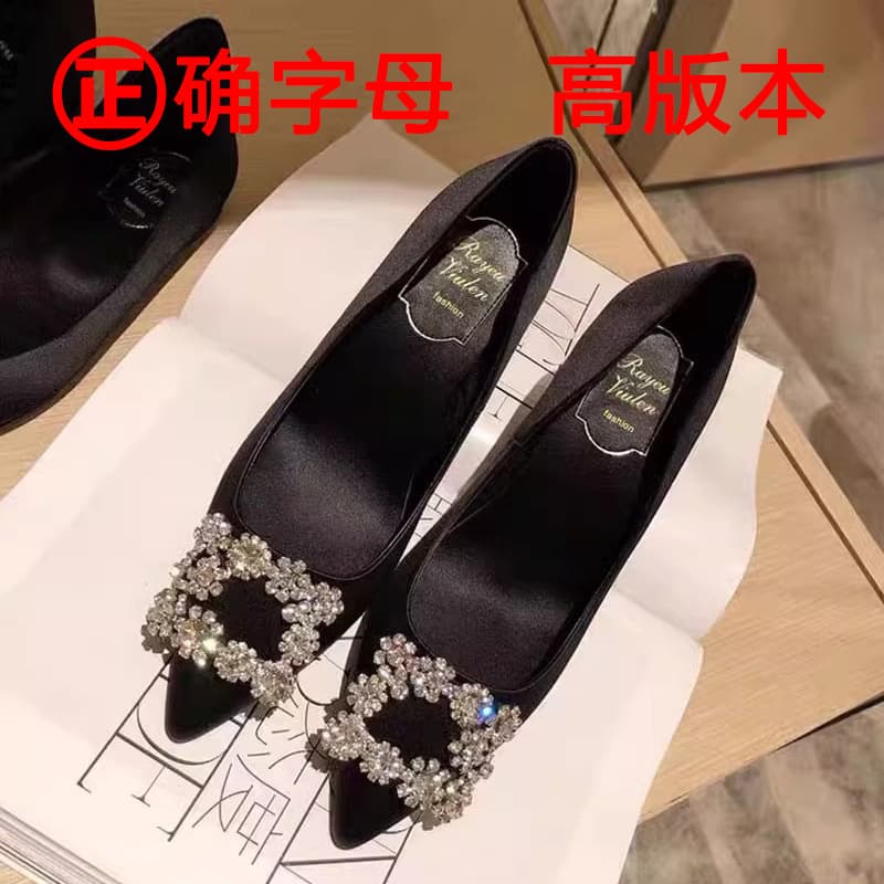 RV Rhinestone Pointed Toe Black High Heels New Silk Satin Thin Heel Wedding Shoes Bride Shoes Square Buckle Single Shoes Women