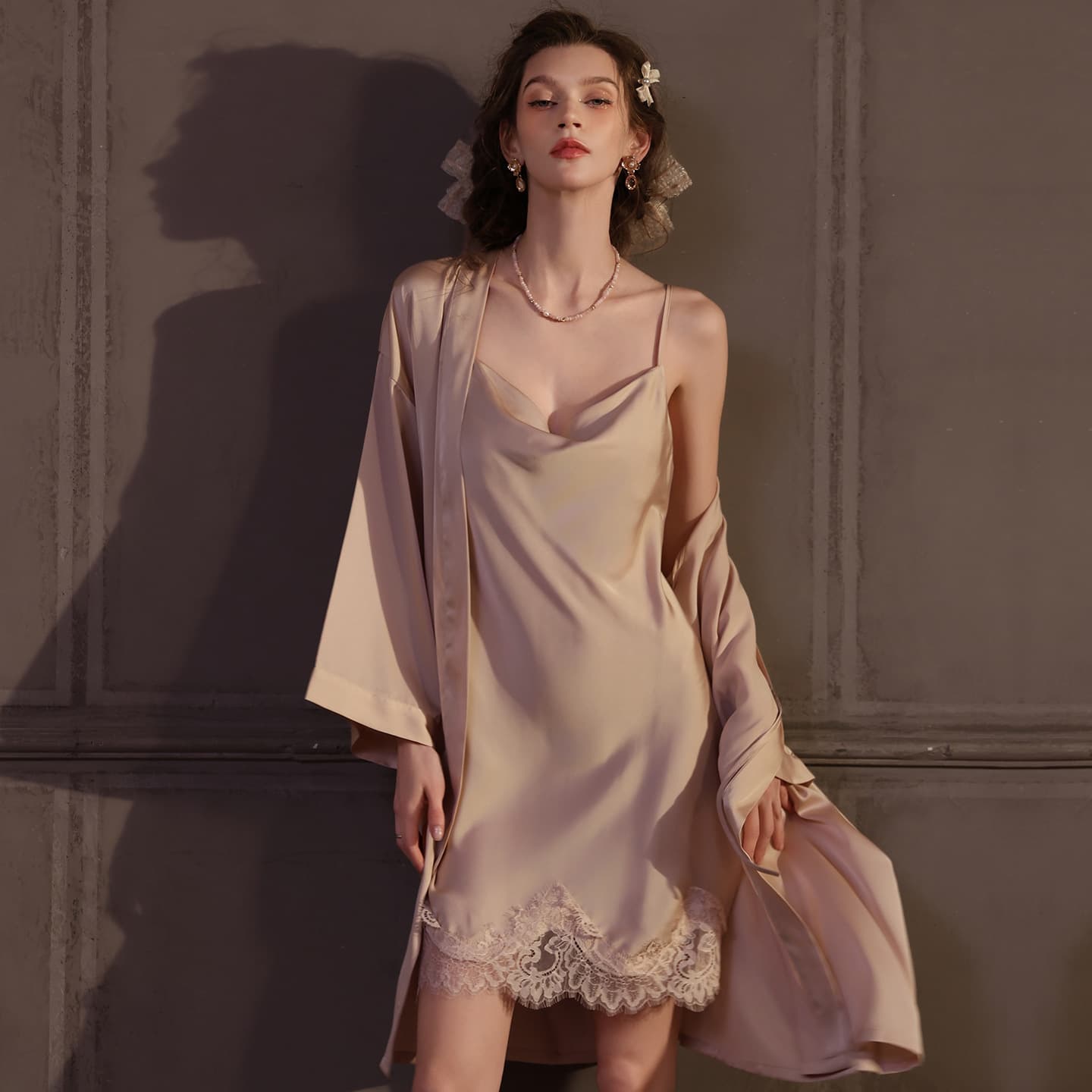 New Style Ice Silk Pajamas for Women, Spring and Summer Sexy Lace Trim, Swing Collar, Strap Nightgown, Spring and Autumn Loungewear Wholesale