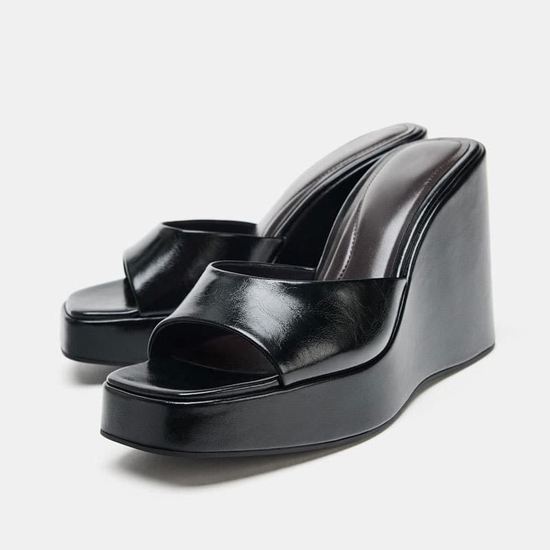 ZA2026 New Black Wedge Heel Slippers for Women Summer Outdoor Thick Sole Anti-Slip Fashion Toe Post Sandals