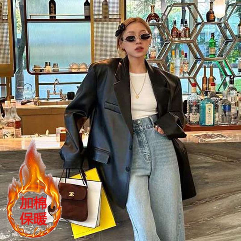 Non-Cracking Leather with Shoulder Pads Leather Jacket Women's Feel 2025 Spring and Autumn New Loose PU Suit Plus-Size Women's Blazer