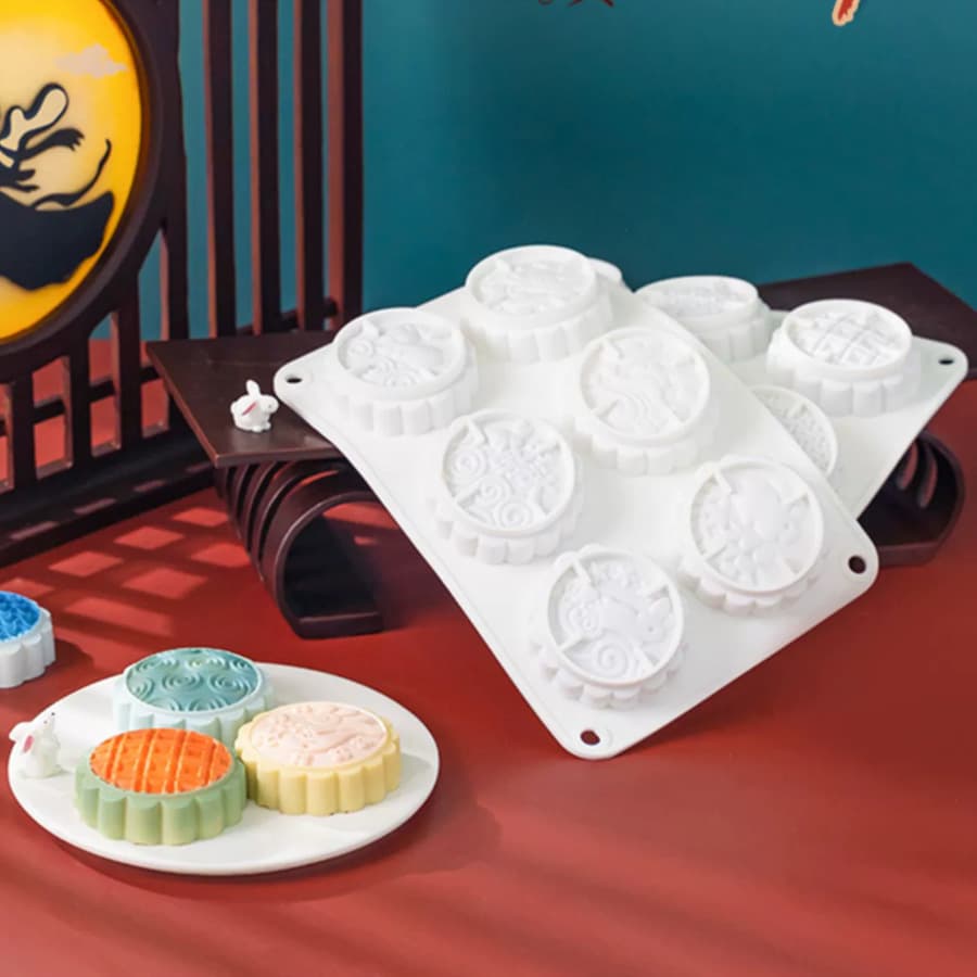 Mid-Autumn Festival 6-Cavity Smiling Face Reunion Moon Rabbit Snow Skin Mooncake Silicone Mold Mousse Lion Chocolate Handmade Soap Mold