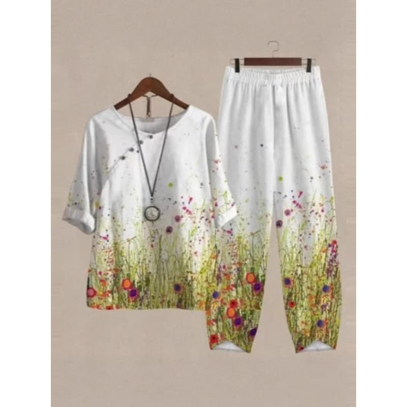 Women's Casual Suit Set, Fashionable Summer New Three-Quarter Sleeve Printed Top and Pants Two-Piece Set