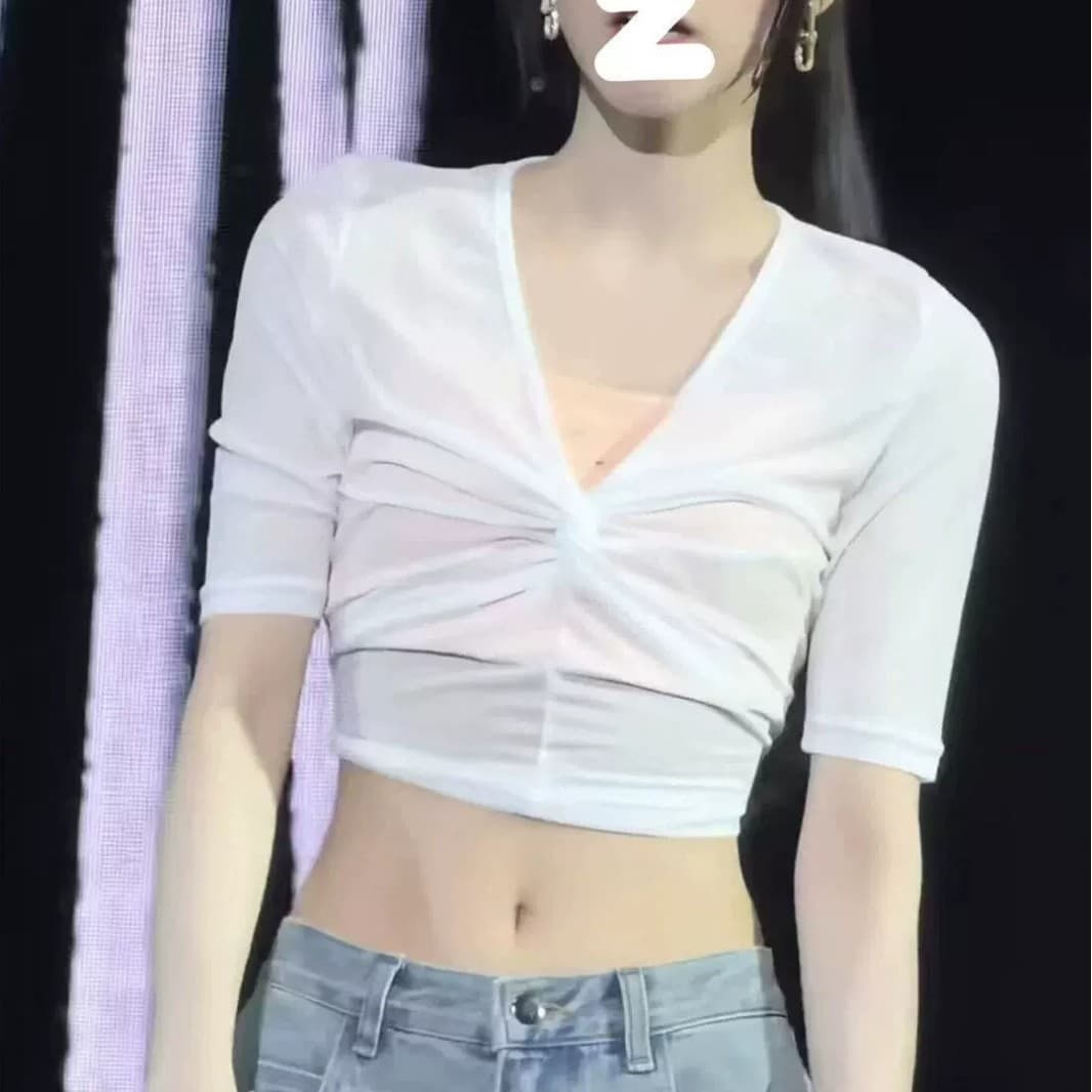 Song Yuqi Style White V-Neck Twisted Knot Crop T-Shirt Women Summer Sexy Fitted Short See-Through Thin Top