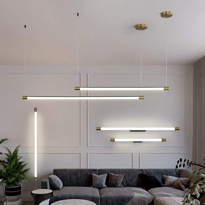 Nordic modern minimalist linear pendant light for restaurant bar counter, creative designer office shop long strip lighting