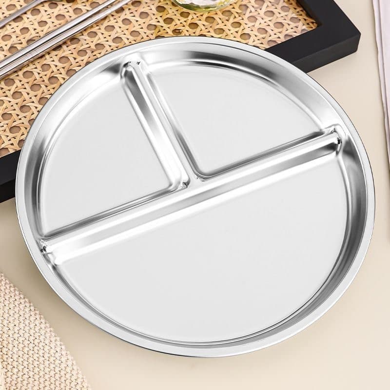 Cross-border Stainless Steel Divided Plate with Portion Control, Three-Compartment Round Plate for Adults' Weight Loss Meals, Student Portion Control Serving Plate